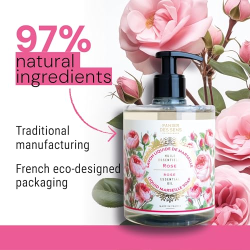 Panier des Sens - Rose Marseille Liquid Hand Soap + 2 Hand Soap Refills - Moisturizing Soap with Coconut Oil - Bathroom & Kitchen Foaming Soap - 96% Natural Ingredients Hand Wash - 50.7 Fl.oz