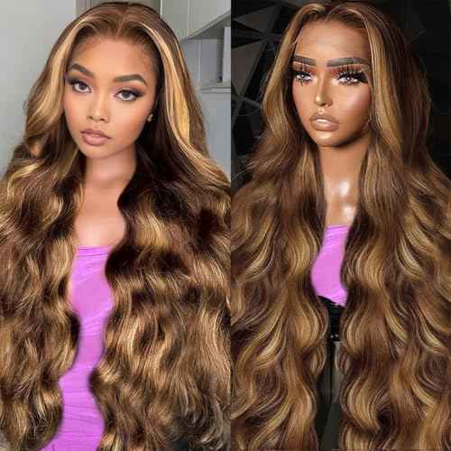 BXW 28Inch Highlight Ombre Lace Front Wig Human Hair 13x6 Blonde Highlight Body Wave Lace Front Wigs Human Hair 4/27 Colored Deep Wave Wig 200% Density Honey Blonde With Frontal Wigs For Women
