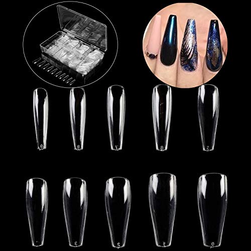 MPNETDEAL 500Pcs Coffin Nails Long Ballerina False Nail Tips Full Cover Fake Artificial Acrylic Nails Extension Tips 10 Size with a case for Nail Salon or Home Use DIY Nail Art (Clear)