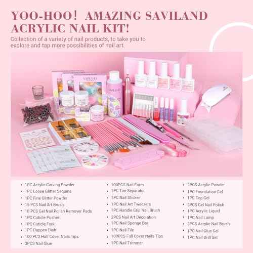 SAVILAND Essentials Acrylic Nail Kit with Drill: Professional Nails Kit Acrylic Set with Everything U V Light Gel Polish Nail Glue Tips Nail Art Supplies for DIY Home Salon