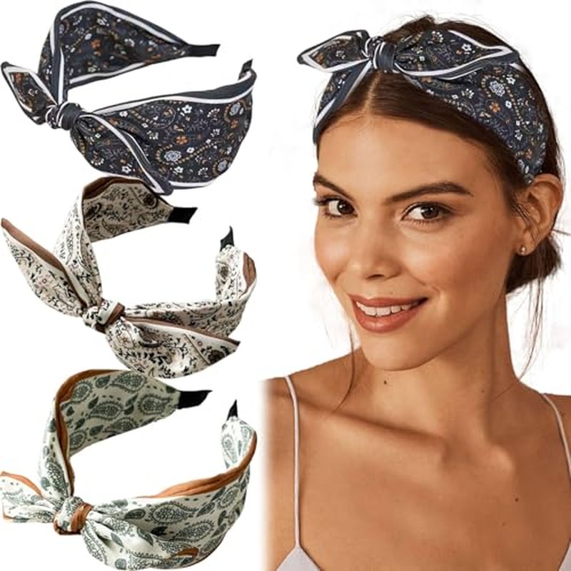 Boho Floral Knotted Headbands for Women, 3-Pack Non-Slip
