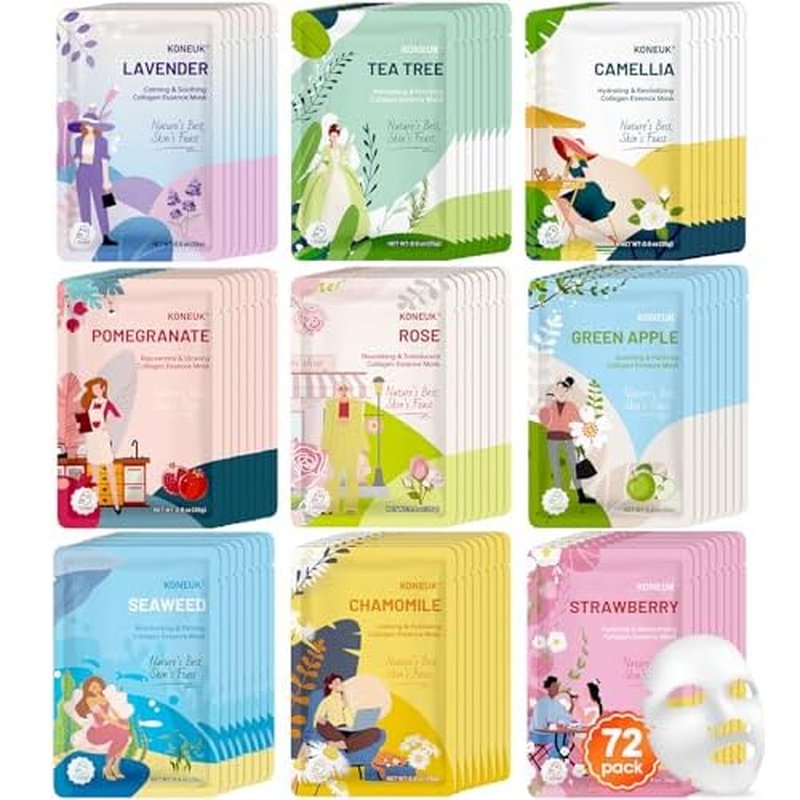 72 Pack Bulk Hydrating Face Masks Skincare, Collagen Sheet Face Mask for Dry, Oily Skin, Spa Gifts for Women Skin Care, Valentines Day Gifts for Her, Mothers Day Gifts, Teacher Gifts (9 Types x 8 Pcs)