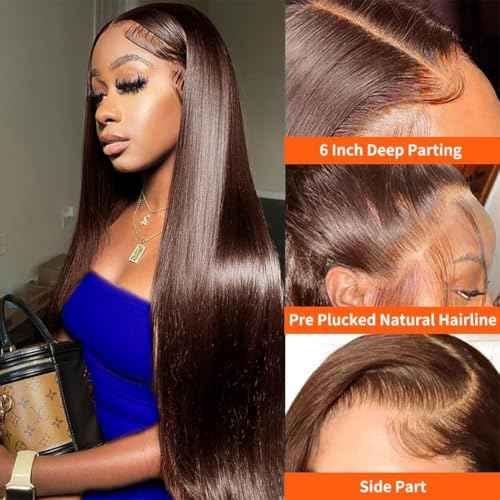 10 Inch Chocolate Brown Lace Front Wigs Human Hair Pre Bleached 200% Density 13x6 HD Straight Lace Front Wigs Pre Plucked with baby Hair