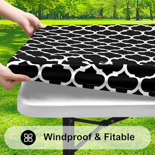 smiry Rectangle Picnic Tablecloth, Waterproof Elastic Fitted Table Covers for 5 Foot Tables, Wipeable Flannel Backed Vinyl Tablecloths for Camping, Indoor, Outdoor (Black Morocco, 30x60 Inches)