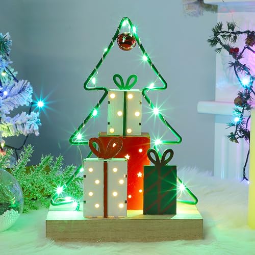 Lulu Home Christmas Tabletop Decoration, Wooden Pre-lit Christmas Tree Ornament with Green Metal Frame, Battery Operated LED Light Up Holiday Sign for Indoor Mantel Shelf Decor