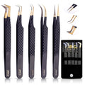 5 Pcs Fiber-Tip Japanese Steel Lash Tweezer Set with Leather Case, Professional Eyelash Tweezers for Lash Extensions ? Titanium Coated, 90 & 45 Angled, Precision Pointed Tweezers (MATT BLACK)