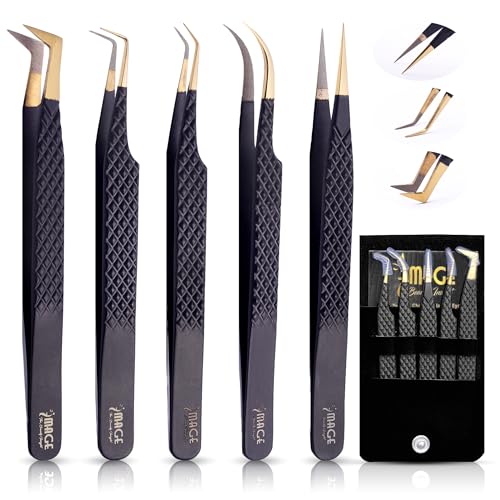 5 Pcs Fiber-Tip Japanese Steel Lash Tweezer Set with Leather Case, Professional Eyelash Tweezers for Lash Extensions ? Titanium Coated, 90 & 45 Angled, Precision Pointed Tweezers (MATT BLACK)