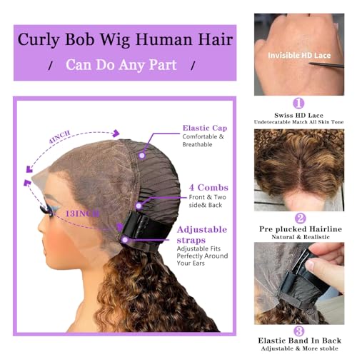 Curly Bob Wig Human Hair 13x4 HD Lace 14" Honey Blonde