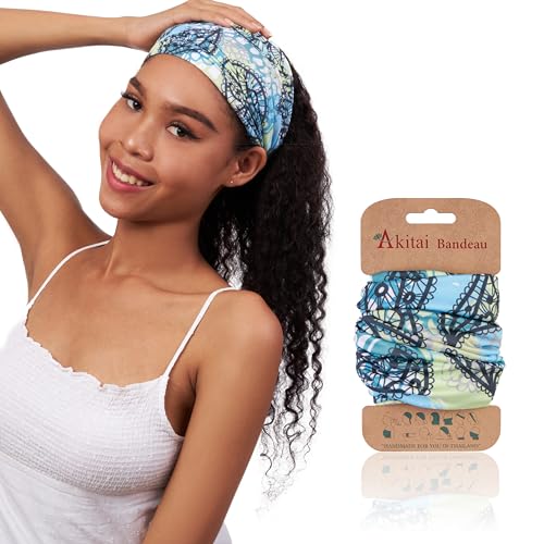 Akitai Headbands for Women - Boho Bandeau Headbands - Stylish Wide, Multipurpose, and Patterned Headbands - Acqua Leaves and Flowers Pattern