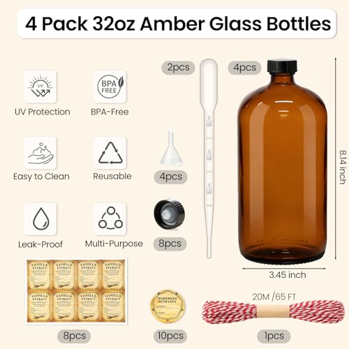 TBWIND 4 Pack 32oz Amber Glass Bottles with Airtight Caps