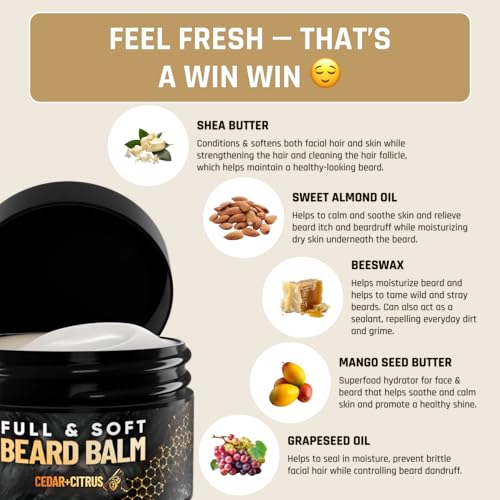 Derm Dude Full and Soft Beard Balm for Men ? Conditioning Balm with Natural Oils for Growth, Softness & Styling ? Tames Frizz, Hydrates Skin ? Non-Greasy - Cedar & Citrus, 2oz