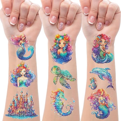 SUNAI Mermaid Temporary Tattoos - 145Pcs Glitter Styles, 12 Sheets