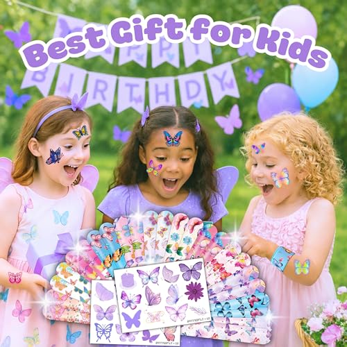 48 Pc Butterfly Party Favors Set - Temporary Tattoos & Slap Bracelets