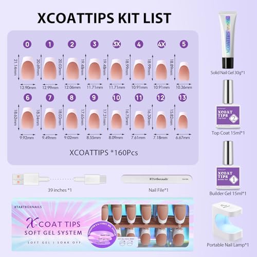 BTArtboxnails French Gel Nail Kit - French Tip Press on Nails Brown Short Coffin XCOATTIPS Pre-applied Tip Primer & Base Coat Fake Nails for Nail Art DIY