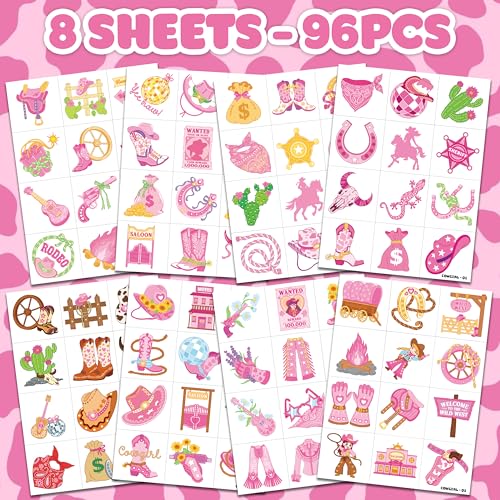 96 PCS Cowgirl Temporary Tattoos for Kids Birthday Party
