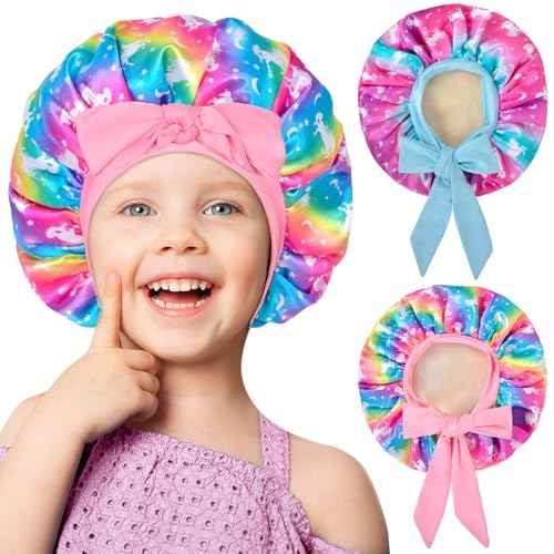 2 PCS Kids Bonnets for Girls, Satin Silk Bonnet for Kids Toddler Bonnet for Sleeping Cap with Elastic Tie Band Hair Bonnet