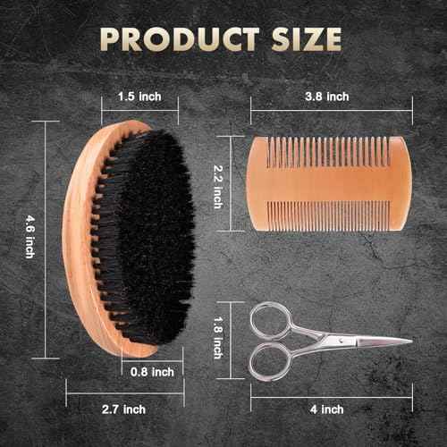 Boar Bristle Beard Brush for Men - Wooden Beard Brush and Comb Set with Beard Scissors, Pocket Travel Men's Wooden Mustache Brush for Beard Care