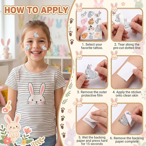 96 Bunny Temporary Tattoos for Kids - 8 Sheets