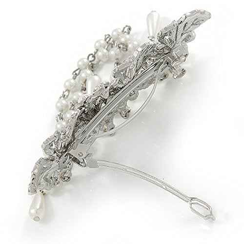 Rhodium Plated Clear Crystal, White Faux Pearl Floral Barrette Hair Clip Grip - 95mm Across