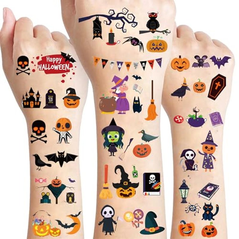 360PCS Halloween Temporary Tattoos for Kids, Halloween Face Fake Tattoo Body Stickers Decorations, Face Makeup Assorted Prizes Goody Bag Stuffers Party Favors Supplies Decor Pumpkin Witch Skull Adult