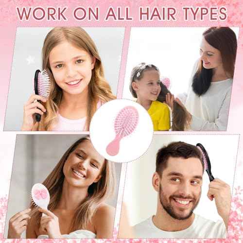 Meanplan 6 Pcs Mini Hair Brush Bulk with Bow Travel Detangling Brush Pink Coquette Small Hairbrush for Dry and Wet Hair Women Gift for Christmas Stocking Stuffers Party Favors(Black,Pink,White)