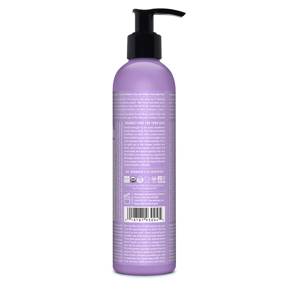 Dr. Bronner's - Organic Lotion (Lavender Coconut, 8 Ounce) - Body Lotion and Moisturizer, Certified Organic, Soothing for Hands, Face and Body, Highly Emollient, Nourishes and Hydrates, Vegan, Non-GMO