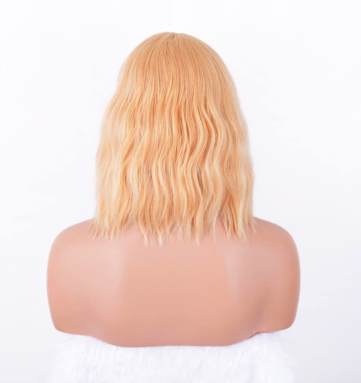 LANOVA Short Curly Wig with Bangs, Yellow Hair Wig, Synthetic Loose Wavy Wigs, Light Orange Wob Wig, 10 inch LANOVA-134-9