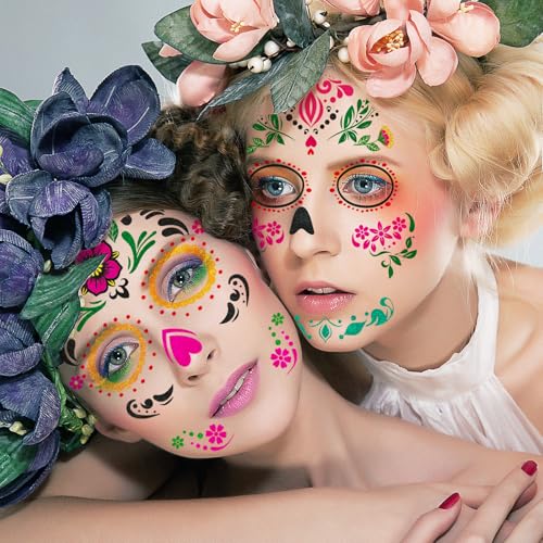 Day of Dead Glitter Tattoos - 6 Sheets Skeleton Face Stickers