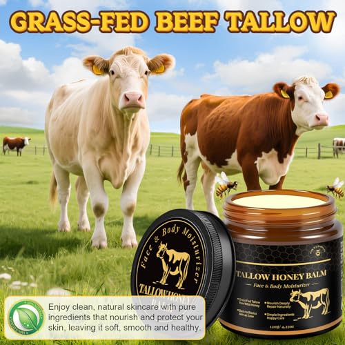 Beef Tallow for Skin, Tallow and Honey Balm for Face, Grass-Fed Beef Tallow Face Moisturizer, Deeply Moisturizing for Dry & Sensitive Skin (4.23oz/120g)