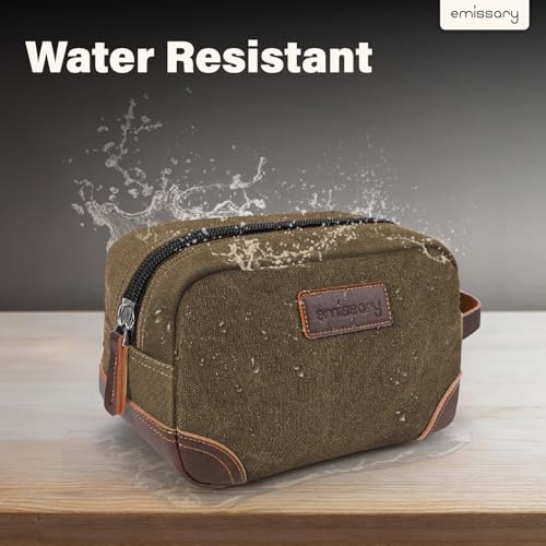 Men's Canvas Toiletry Bag with Leather Handle - Water-Resistant Dopp Kit