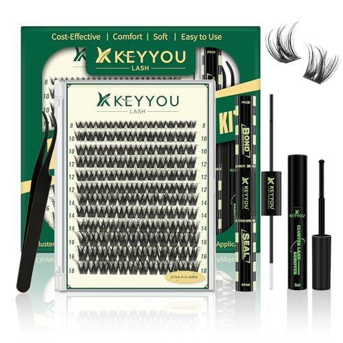 KEYYOULASH Lash Clusters Kit Volume 144pcs 8-18MIX Lash Extension Kit Thick Lash Clusters D curl with Bond and Seal,Remover,Applicators for DIY Thin Band Eyelash Clusters at Home (KY04 Kit)