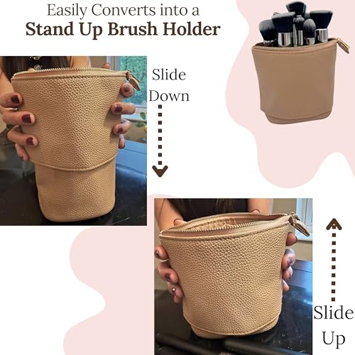 JAZD Convertible Travel Makeup Brush Bag Beige - Stand-Up Cosmetic Organizer