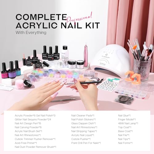 Acrylic Nail Kit with Everything: Professional Nail Kit Set for Beginners 48W Nail Lamp Complete Nail Supplies Salon