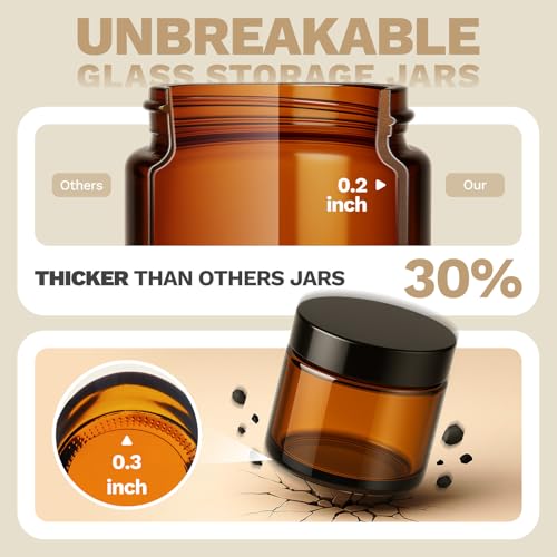 Bumobum 2 oz Small Glass Jars with Lids, 24 Pack Amber Glass Cosmetic Jars with Inner Liners, 60ml Round Empty Sample Containers for Lotion, Cream, Salve, Powders and Ointments Storage