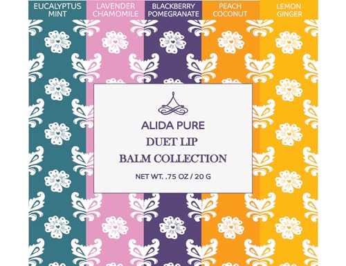 ALIDA PURE Duet Lip Balm Collection, Vegan, Lip Balm Set, Coconut Oil Free, Avocado Oil, Organic Jojoba Oil, Vitamin E Oil, Vegan, Lip Oil Set for Dry Cracked Lips, 5 Tubes of Lip Balm per Set