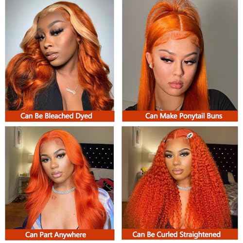 Ginger Orange 30 Inch Lace Front Wigs Human Hair Body Wave Wavy 13x6 HD Lace Front Glueless Ginger Wig Human Hair 180% Density Transparent HD Lace Frontal Wigs Pre Plucked Hairline