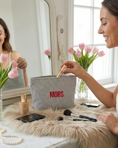 Custom Embroidered Seersucker Makeup Bag - Personalized Striped Pouch