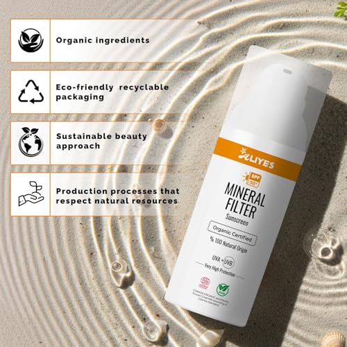 Aliye¡¯s Organic Sunscreen SPF 50+ | Ecocert Cosmos Certified | 100% Mineral & Vegan Sun Protection | Safe for Sensitive Skin | 50ml (White)