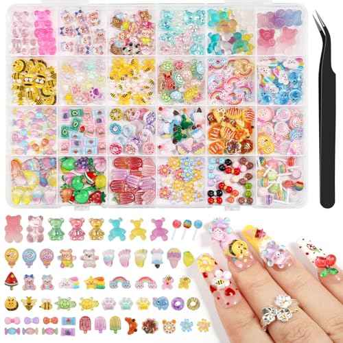 300PCS Kawaii Nail Charms Kit, 3D Animal & Candy Resin Charms for Acrylic Nails, Cute Bear Bee Fruit Nail Art Supplies with Tweezers for DIY Crafts & Shoe Decor