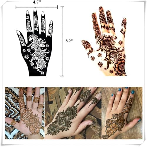 12 Sheets Henna Tattoo Stencil Kit for Hands, Indian Arabian Temporary Tattoo Template Self Adhesive Mehndi Stencil Stickers for Women Girls£¨8.2" x 4.7"£©
