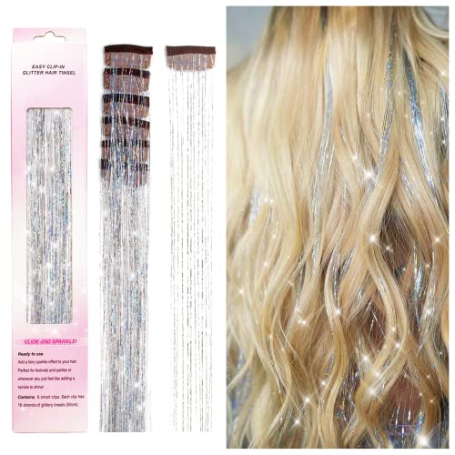 POROLIR Silver Clip-In Hair Tinsel Extensions 20 Inch Sparkly Fairy Hair Accessories for Women & Kids - Heat Resistant, Reusable