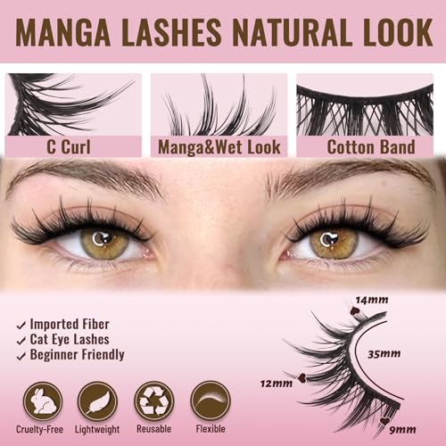 Manga Cat Eye False Eyelashes - 7 Pairs, 9-14mm Spiky Lashes