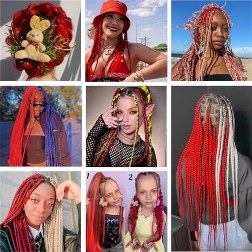 Pre-stretched Braiding Hair 20 Inch 3Packs Red Braiding Hair for Braids, Soft Yaki Texture Box Braids Hot Water Setting Synthetic Kanekalon Braiding Hair Pre Stretched（20 Inch, Red#)