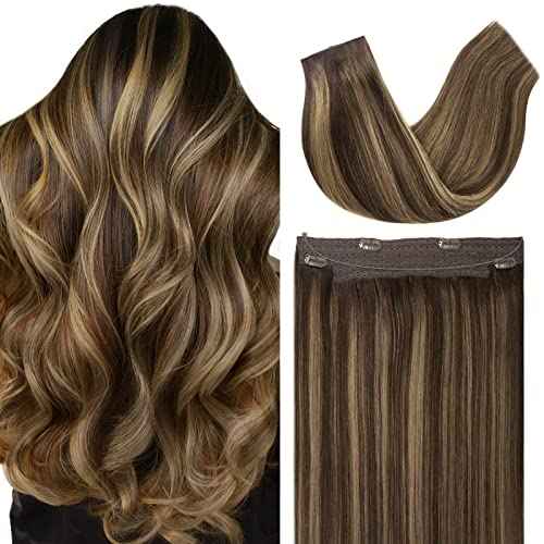 Anrosa Fish Line Invisible Hairpiece for Women Balayage Dark Brown to Chestnut Brown Extensions with Transparent Straight Real Human Hair Extensions 12 Inch 70G Wire Hair Extensions Adjustable Clips