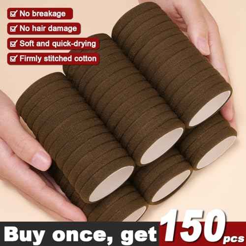 IKOCO 150PCS Hair Ties No Damage for Women, Ouchless Cotton Hair Ties for Thick Hair, Brown