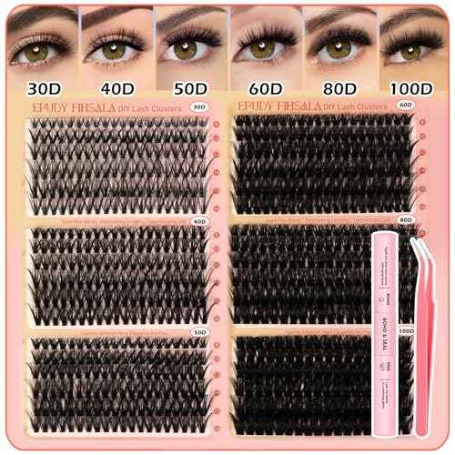 Volume Lash Clusters Kit 30-100D DIY Eyelash Extension 708pcs Thick Individual Lashes 8-16mm with Lash Bond and Seal, Tweezers, Brush, Super Thin Band False Eyelashes EPUDY FIHSALA