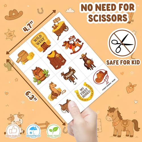 96 PCS Pre-Cut Temporary Tattoos - Western Cowboy Horse Theme for Kids