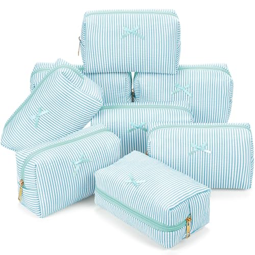 Sanwuta 8 Pcs Striped Seersucker Makeup Bag Set - Travel Pouches