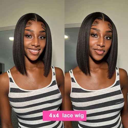 Nakkia 14 Inch Bob Wig Human Hair Pre Plucked Pre Cut HD Transparent Lace Front Wear and Go Glueless Wigs Human Hair for Black Women Short Straight 4x4 Closure Bob Wigs for Beginner
