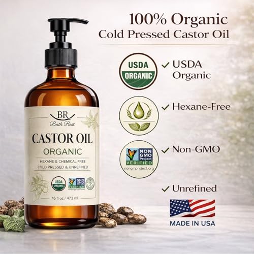 Bathrest Organic Castor Oil 16oz Cold Pressed Unrefined Vegan for Hair & Skin - Brown Bottle